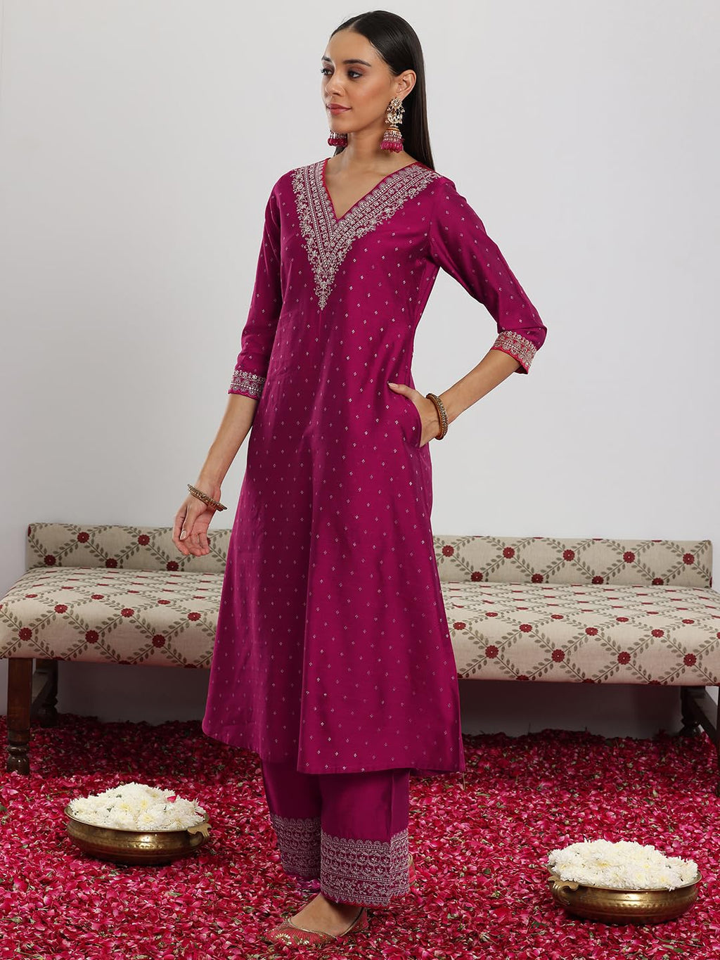 Libas Womens Woven Design Silk Blend A-Line Kurta With Trousers And Dupatta