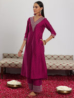 Libas Womens Woven Design Silk Blend A-Line Kurta With Trousers And Dupatta