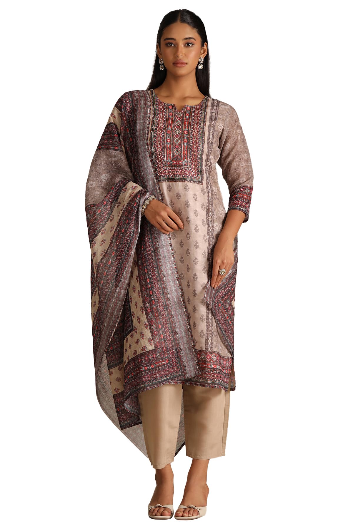 Soch Women Linen Botanical Print Suit Set with Cutdana