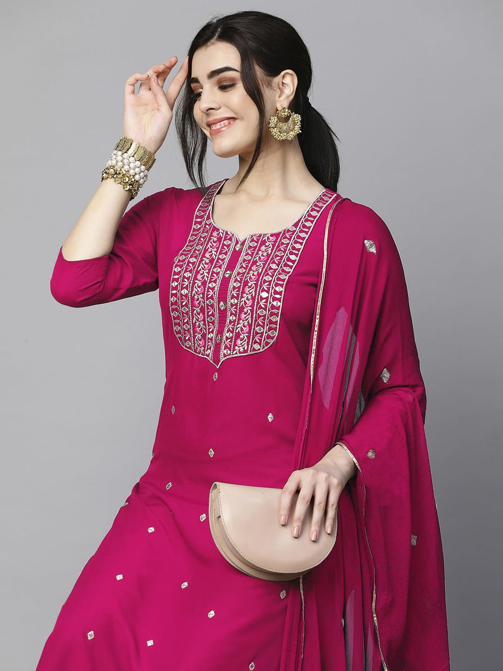 ANNI DESIGNER Ladies Cotton Blend Dupatta Kurta Trousers, pink, 3XL