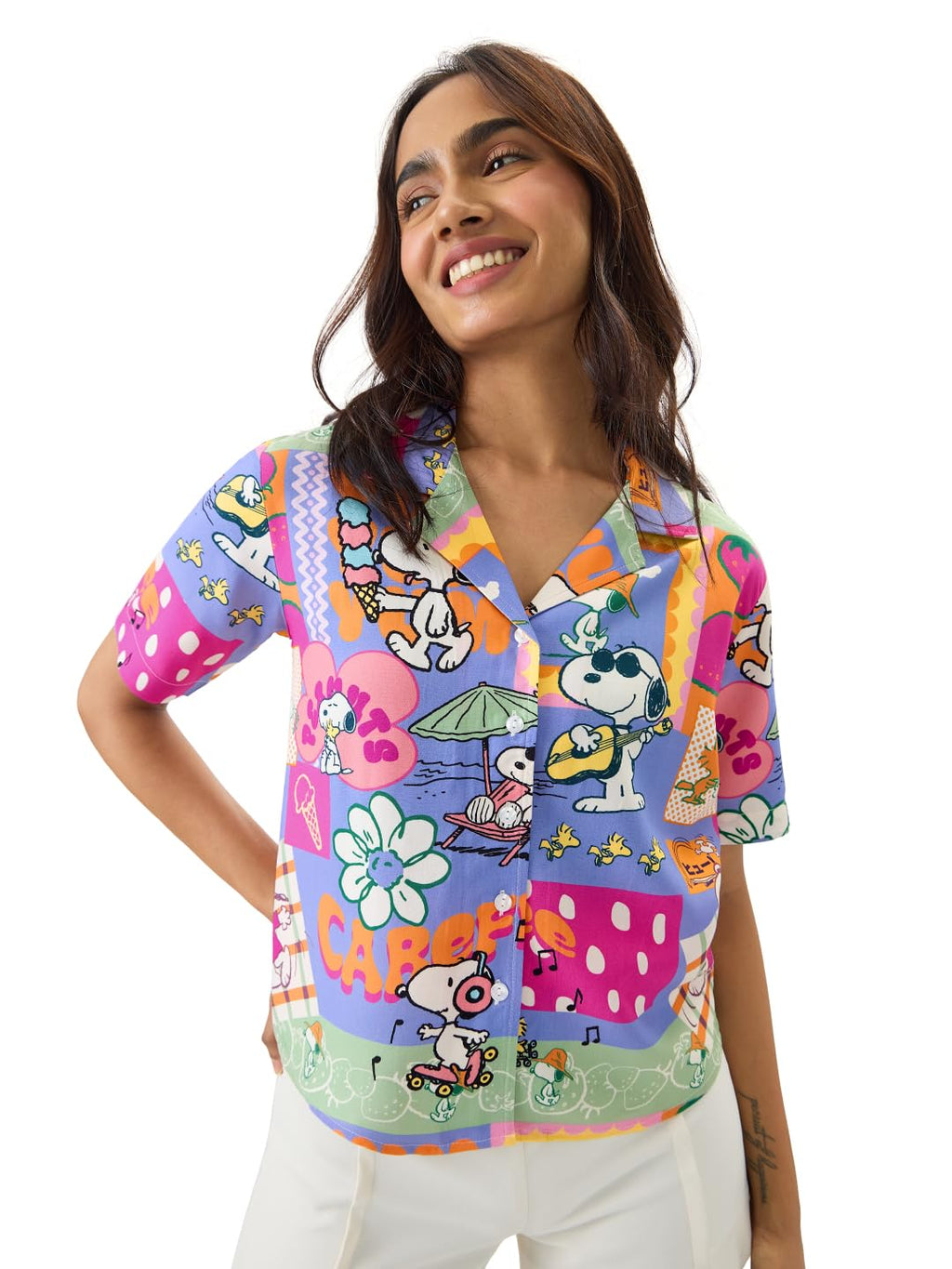 The Souled Store Official Peanuts: Carefree Women and Girls Short Sleeve Collared Neck Button Front Regular Fit Rayon Summer Shi