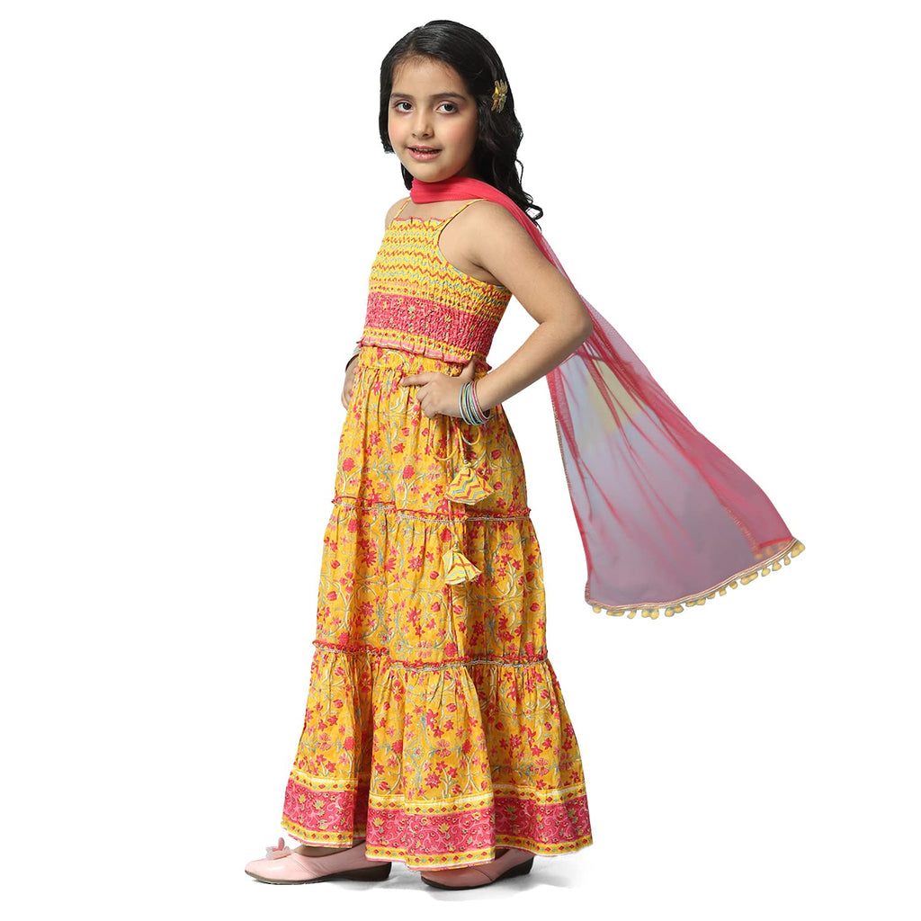 Biba Girls Yellow Printed Cotton Lehenga Set