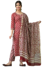 Gosriki Women'S Cotton Blend Floral Printed Straight Kurta With Pants & Dupatta (Tasya Red_S-Gs_Red_Small)