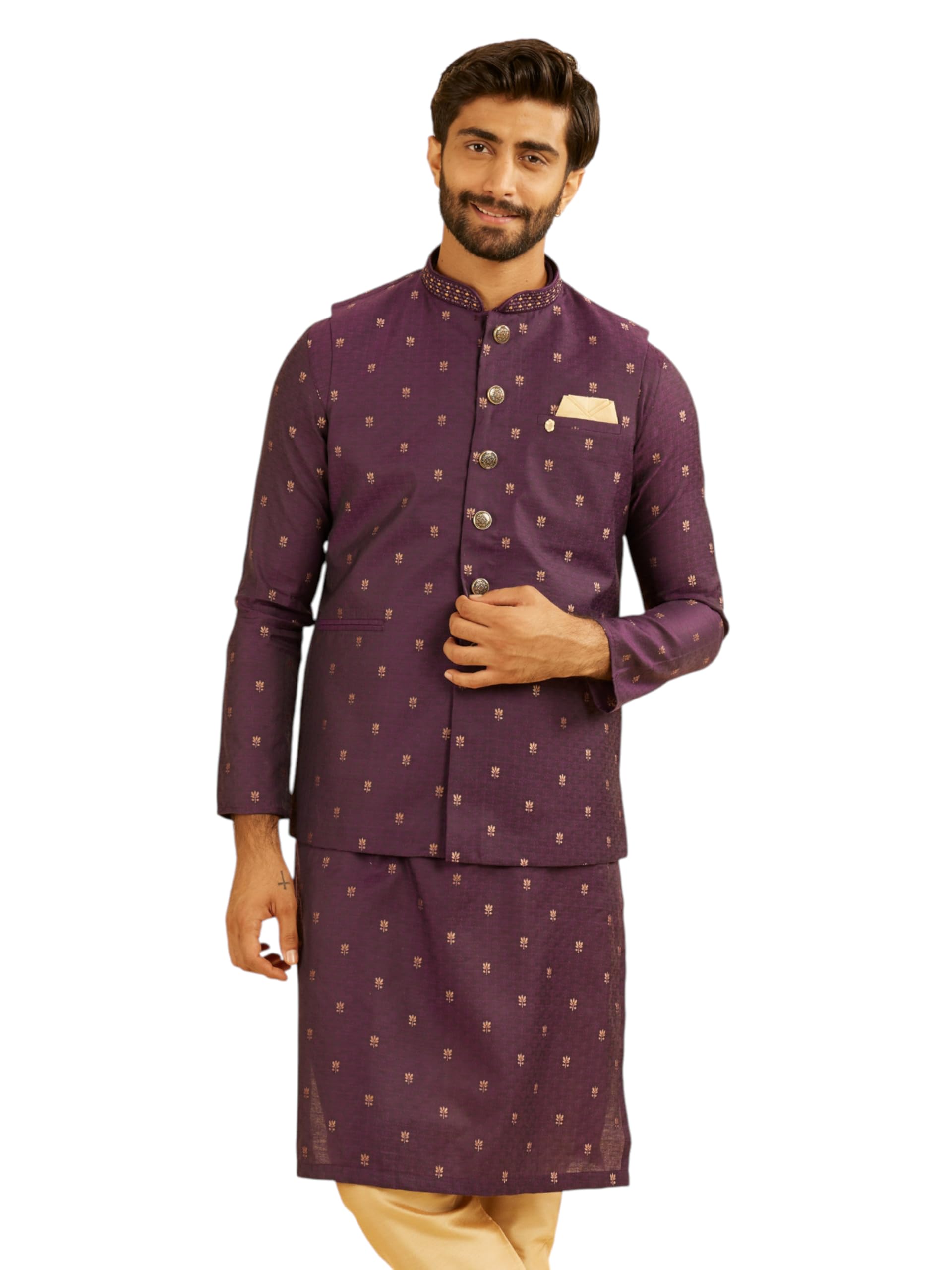 Manyavar Mens Art Silk Neck Embroidery & Foil Print Nehru Jacket (Purple,S)