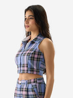The Souled Store Lilac Blossom Women and Girls Sleeveless Collared Neck Slim Fit Checkered Cotton Cropped Tops