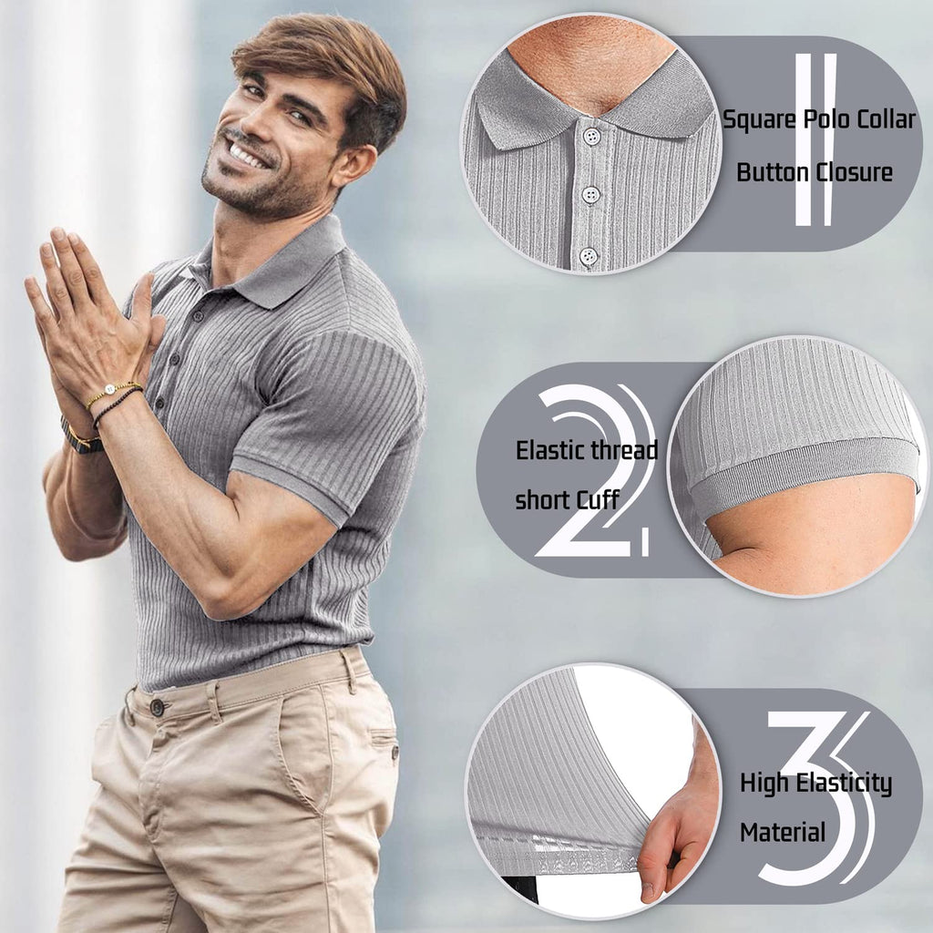Muscle Polo Shirts for Men Slim Fit Short Sleeve Golf Shirts Men Dry Fit Shirts Casual Stylish Clothes Light Grey