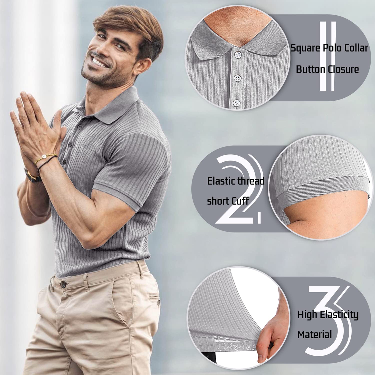 Muscle Polo Shirts for Men Slim Fit Short Sleeve Golf Shirts Men Dry Fit Shirts Casual Stylish Clothes Light Grey