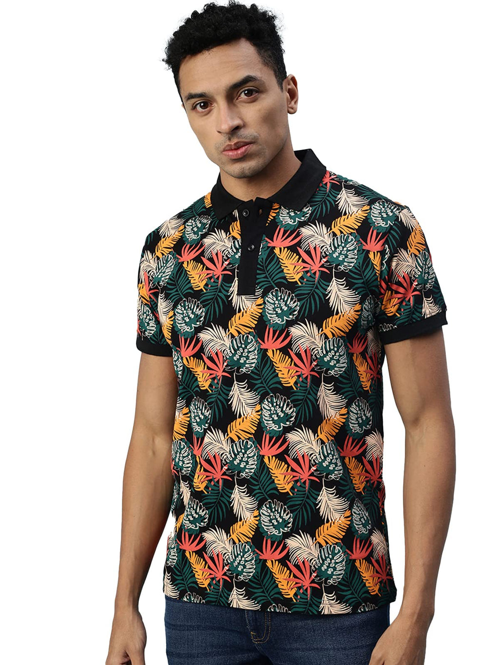 Veirdo Men's Floral Printed Regular Fit Polo T-Shirt