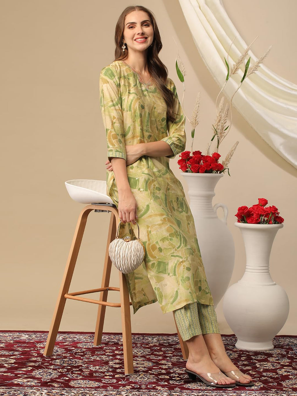 ANNI DESIGNER Ladies Cotton Blend Kurta with Trousers, green, M