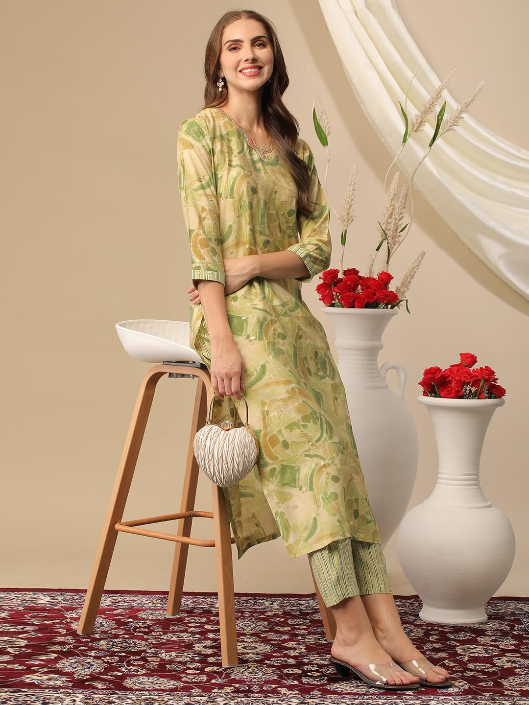 ANNI DESIGNER Ladies Cotton Blend Kurta with Trousers, green, M
