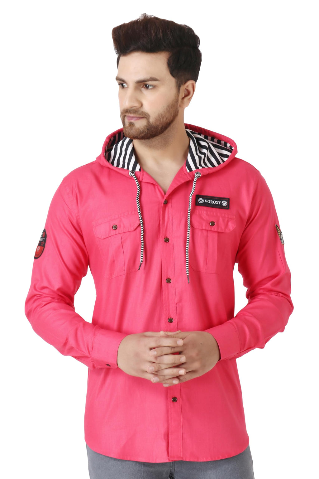 Besix MenS Pink Tailored Fit Cotton Blend Shirt For Man With Hoodie - Casual Long Sleeve Shirt With Pockets - Patch Detail For 