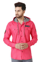 Besix MenS Pink Tailored Fit Cotton Blend Shirt For Man With Hoodie - Casual Long Sleeve Shirt With Pockets - Patch Detail For 
