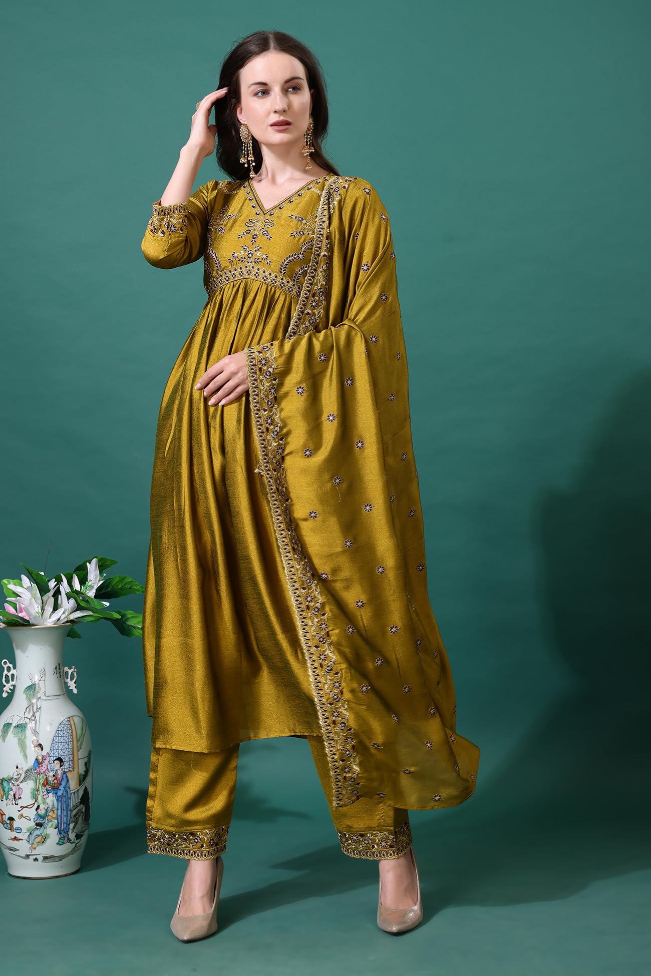 Pratham Blue WomenS Silk Embroidered Anarkali Kurta Palazzos With Dupatta |Kurta Set For Women |Women Kurta |Women Embroidered