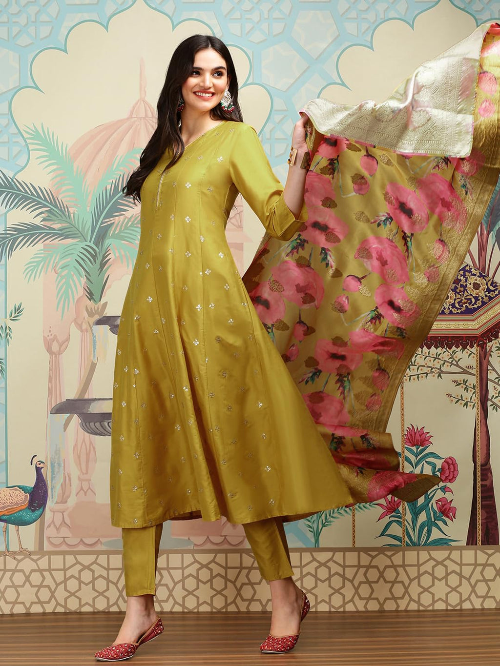 Ishin Mustard A-Line Kurta Set With Printed Floral Dupatta | Kurta Set For Women | Kurta With Trousers And Dupatta