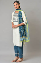 Aurelia Geometric Printed White Cotton Thread Embroidered Kurta Dupatta Bottomwear