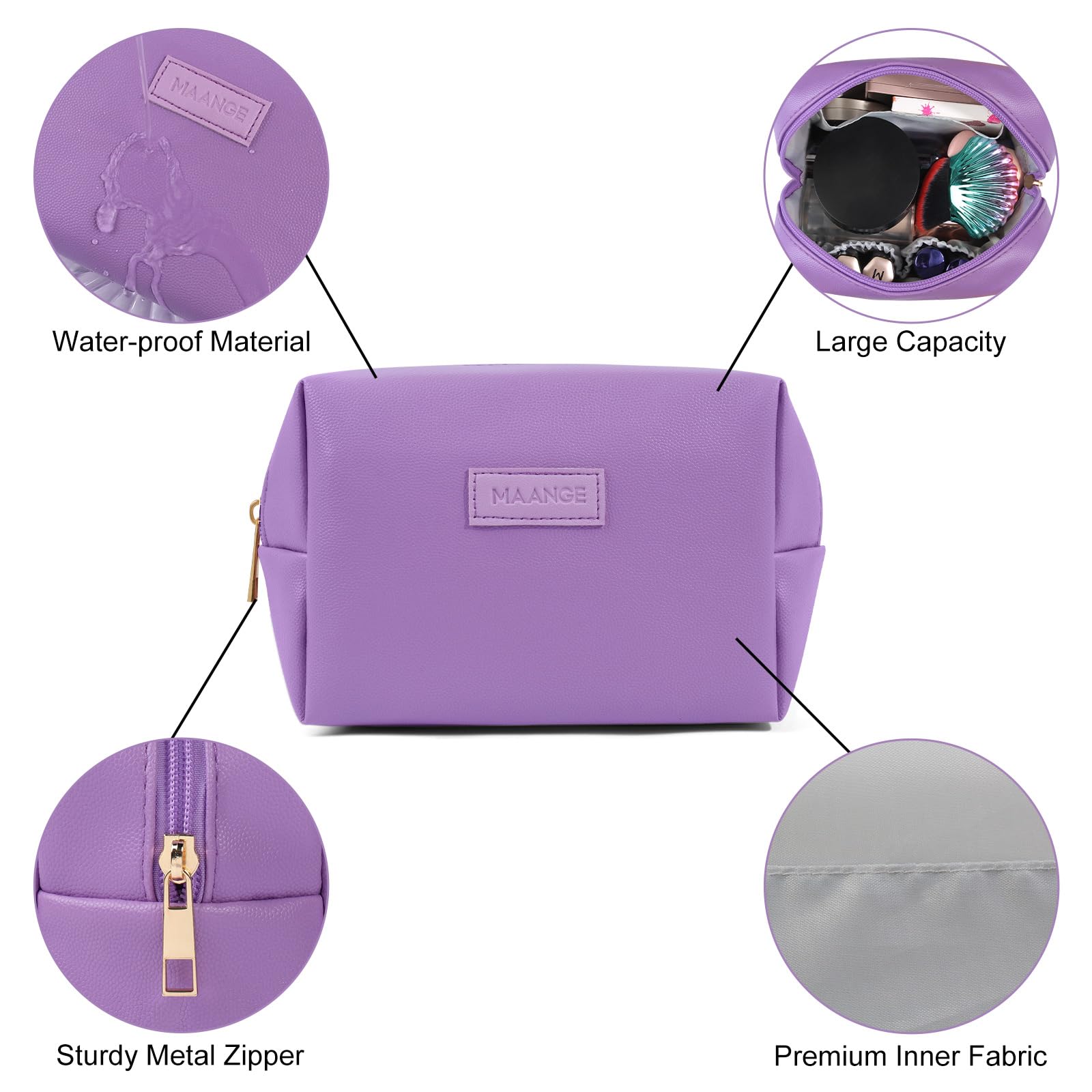 MAANGE Small Makeup Bag For Purse, Travel Cosmetic Bag Makeup Pouch PU Leather Portable Versatile Zipper Pouch For Women