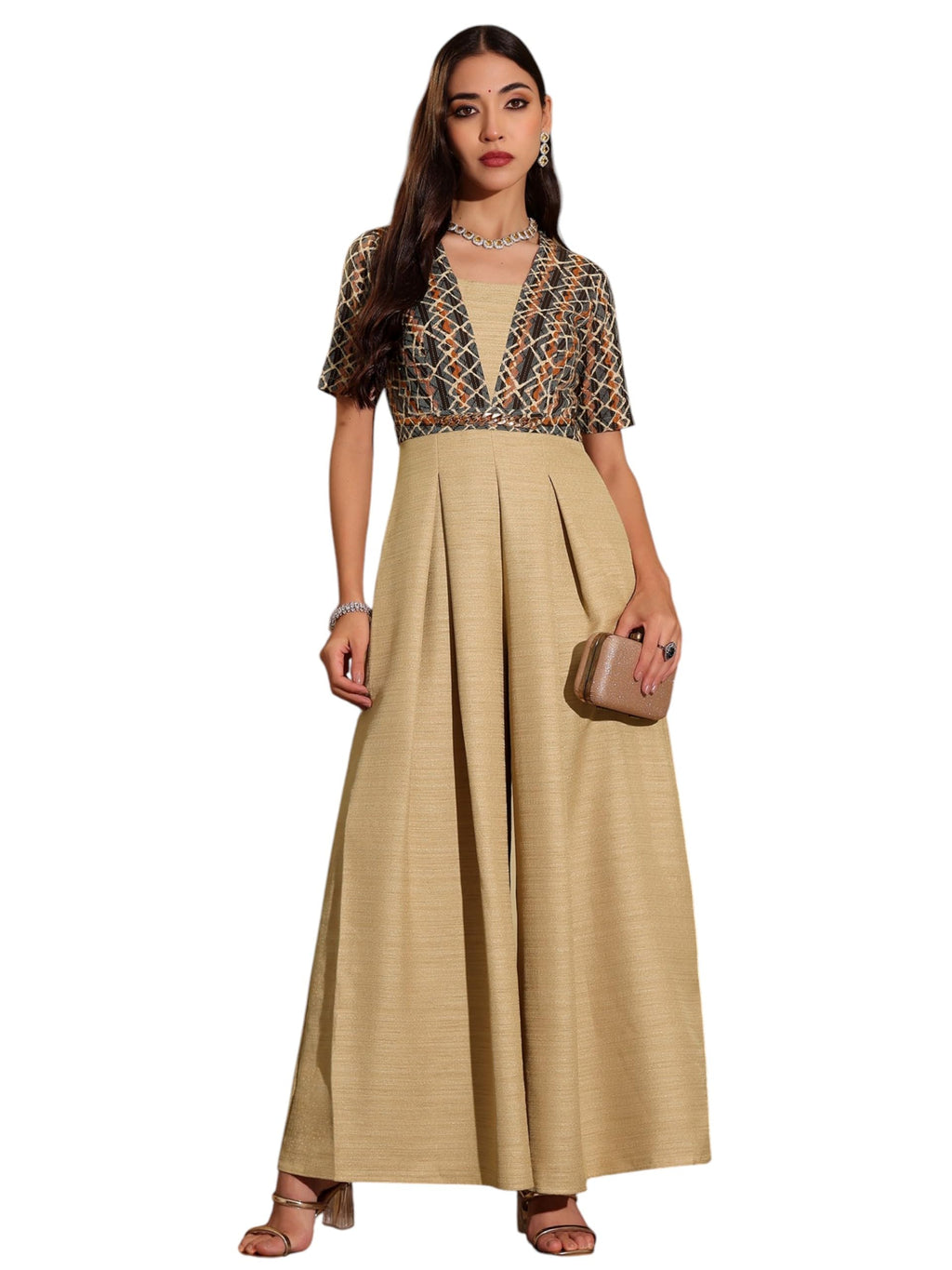 Miss Chase WomenS Square Neck Half Sleeve Geometric Pleated Silk Jumpsuit (Mcss25D92-08-174-06, Multicolored Base Beige, Xl)