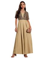 Miss Chase WomenS Square Neck Half Sleeve Geometric Pleated Silk Jumpsuit (Mcss25D92-08-174-06, Multicolored Base Beige, Xl)