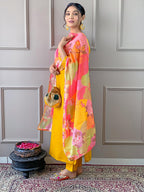 Naixa Womens Yellow Rayon Blend Embroidered Straight Kurta with Rayon Blend Pant and Organza Printed Dupatta Sets (NX-506-Yello