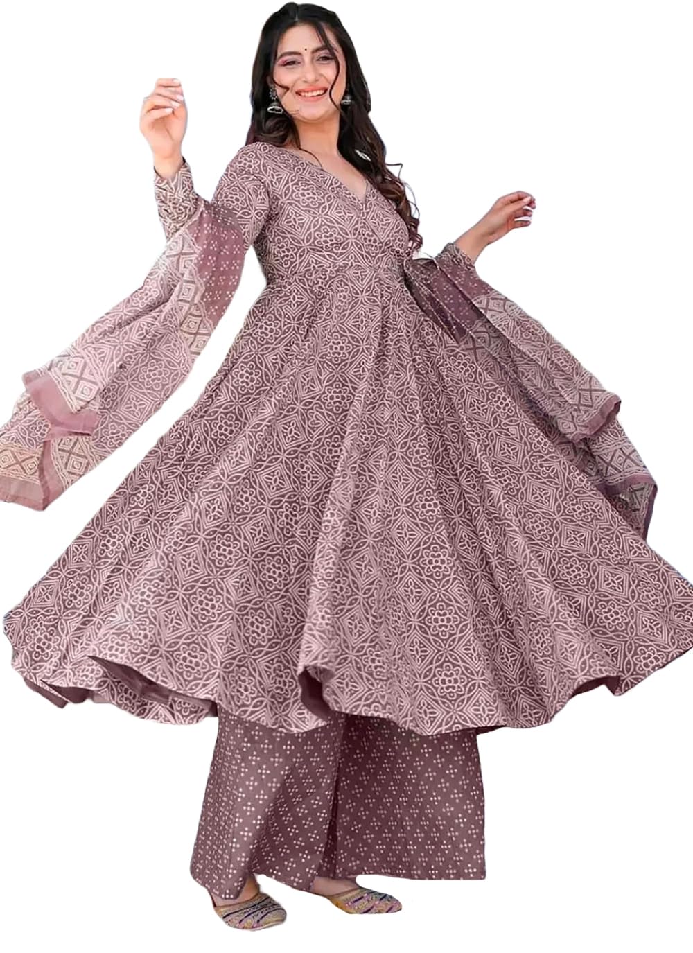 ANNI DESIGNER Womens Rayon Viscose Anarkali Printed Kurta with Palazzo & Dupatta (Sinners Purple_XXL_Purple_XX-Large)