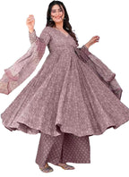 ANNI DESIGNER Womens Rayon Viscose Anarkali Printed Kurta with Palazzo & Dupatta (Sinners Purple_XXL_Purple_XX-Large)
