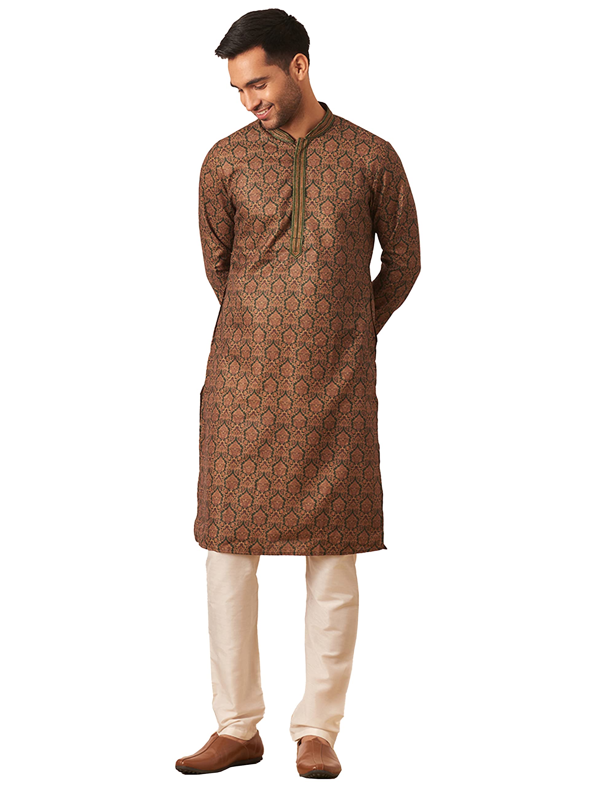 Manyavar Kurta Set For Men, Full Sleeves Mandarin Collar Ethnic Kurta & Churidar Set Art Silk Printed Set (Green, XL)