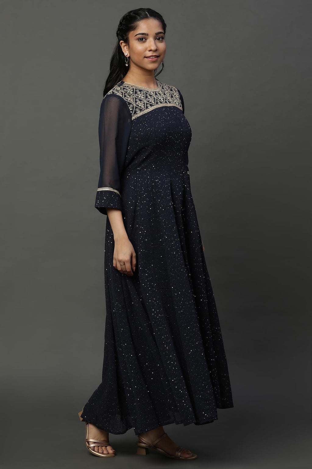 Blue Dori Embroidered Anarkali Kurta, Tights And Dupatta Set