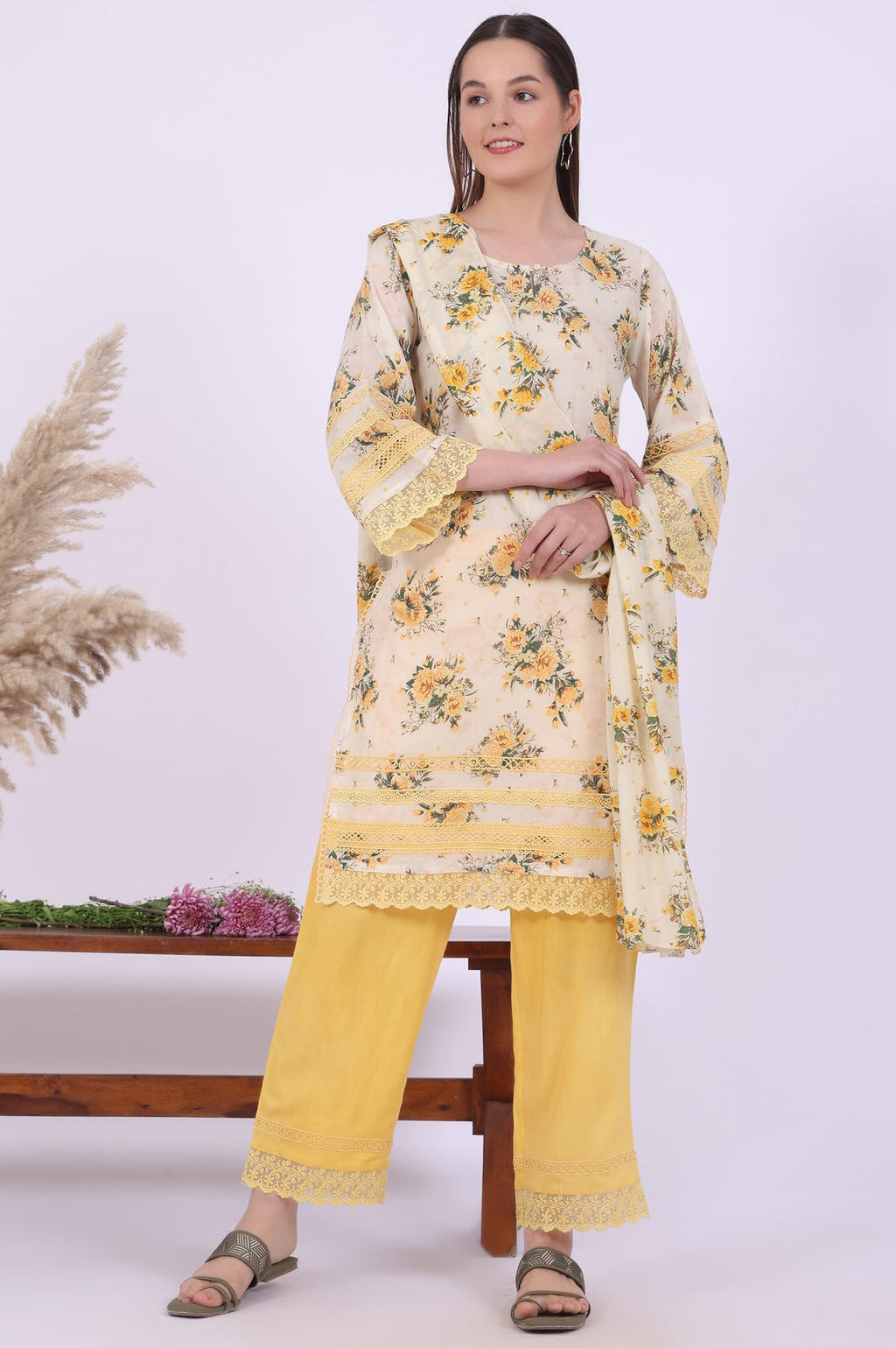 Aurelia Women'S Yellow Printed Straight Kurta With Palazzo & Dupatta Set