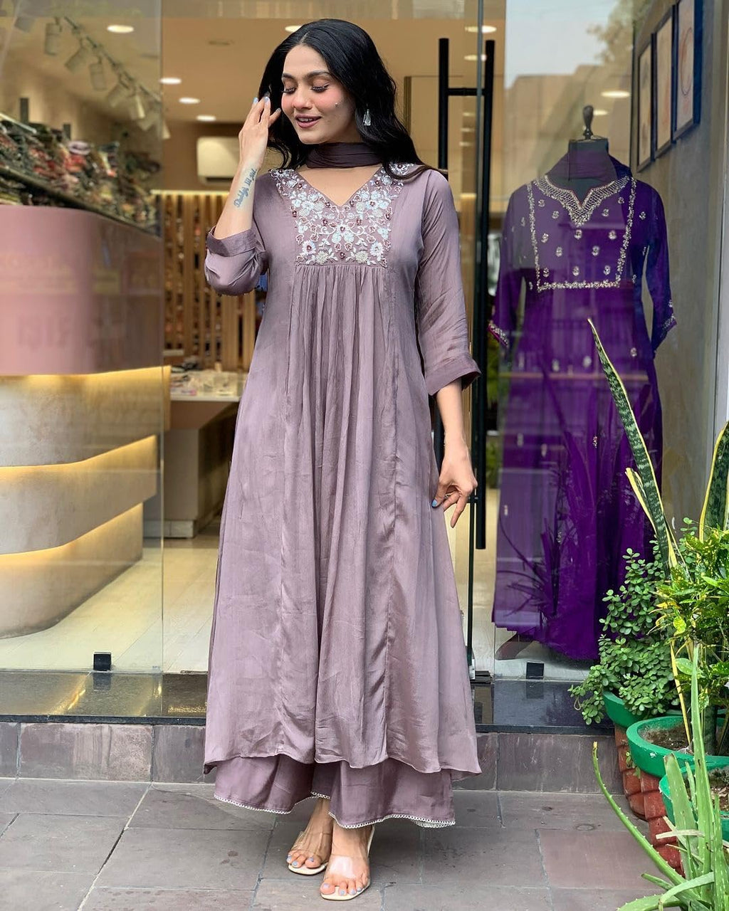 ANNI DESIGNER Womens Rayon Blend A-Line Embroidered Kurta with Pant & Dupatta (SHARMI Lavender_XL_Lavender_X-Large)