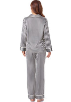 Serenedelicacy Women's Satin Pajama Set Long Sleeve Button Down Sleepwear 2-Piece Striped Silky Pj Set (Large, Black/Vanilla, St