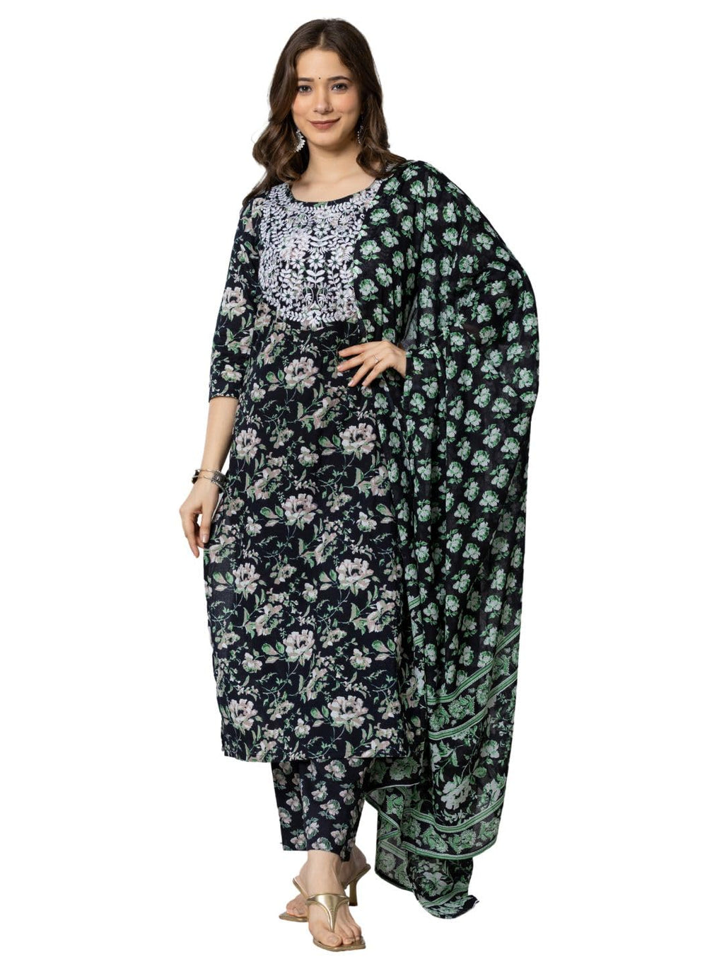 rytras Womens Cotton Embroidered Straight Kurta with Palazzo Pant and Dupatta(RYT565,Black,3XL)