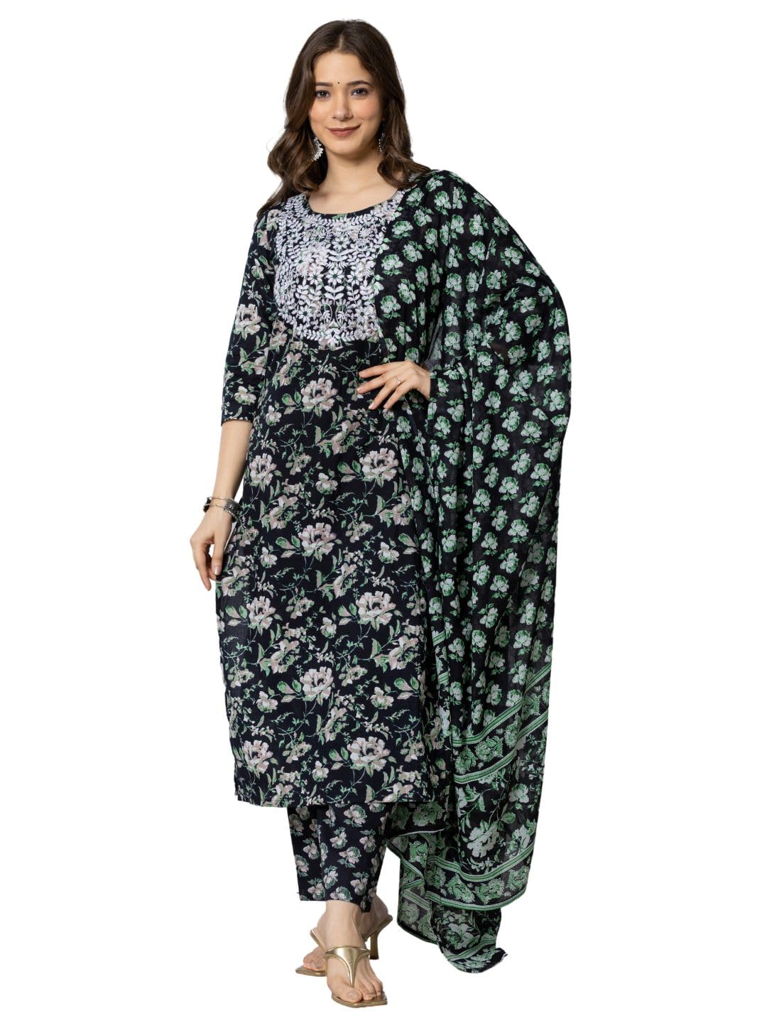 rytras Womens Cotton Embroidered Straight Kurta with Palazzo Pant and Dupatta(RYT565,Black,3XL)