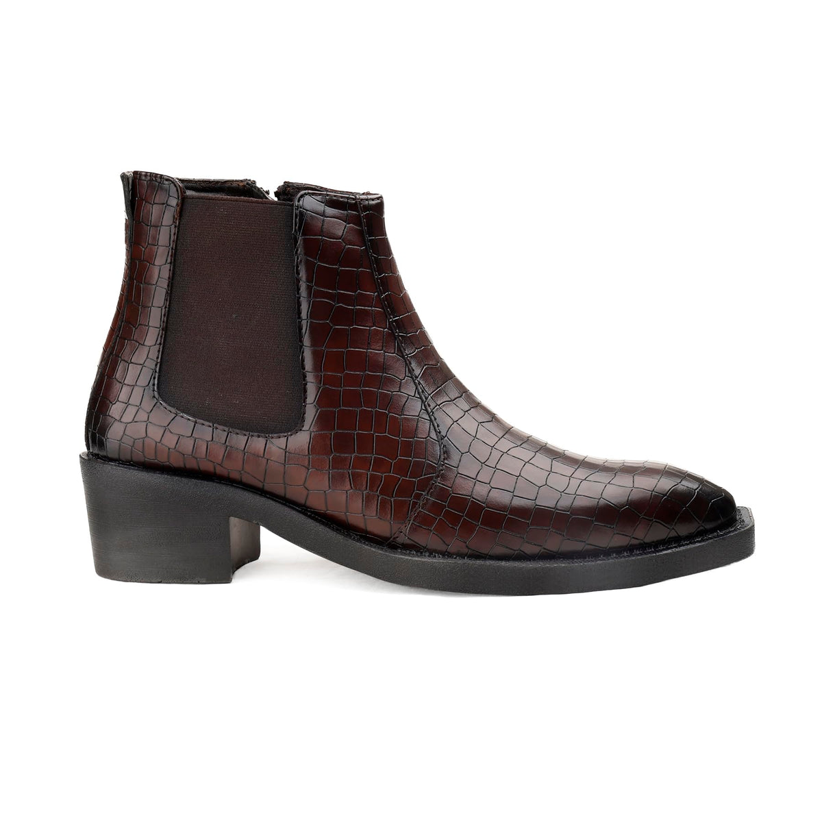 YUVRATO BAXI Mens 56 Cm Block Heel Height Increasing Crocodile Texture Faux Leather Material, Brown Casual Formal Slipon Chels 9