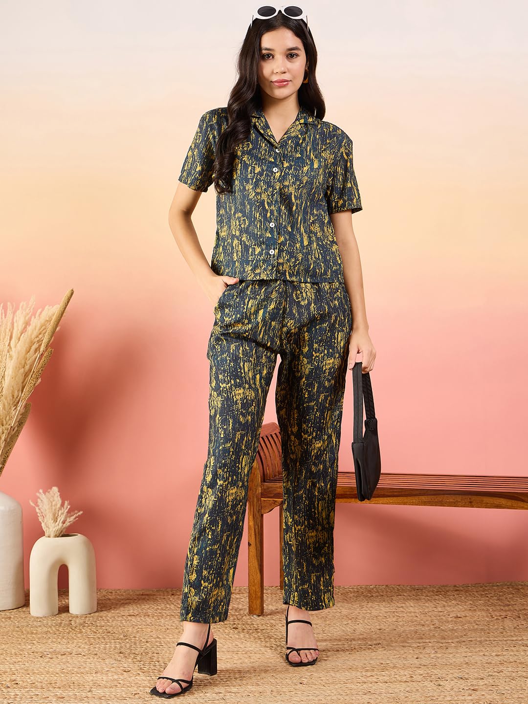 Modeve Women Shirt Pant Navy Abstract Print Co-Ord Set