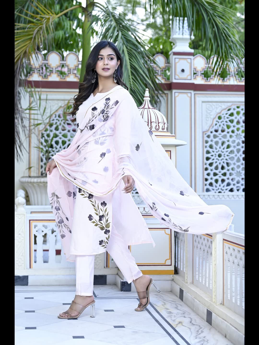 ANNI DESIGNER Womens Cotton Blend Straight Printed Kurta with Pant & Dupatta (BURSH-Peach-NW-CMD_XXL_Peach_XX-Large)