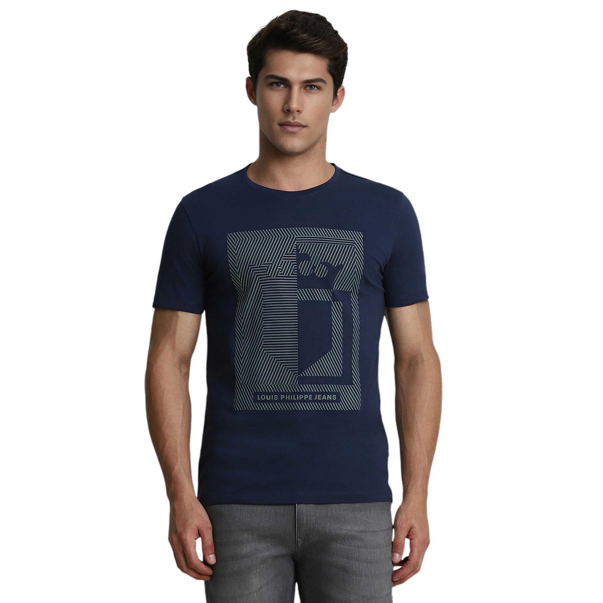Louis Philippe Cotton MenS Solid Slim Fit T-Shirt (Lrkccslf540981_Navy, Medium