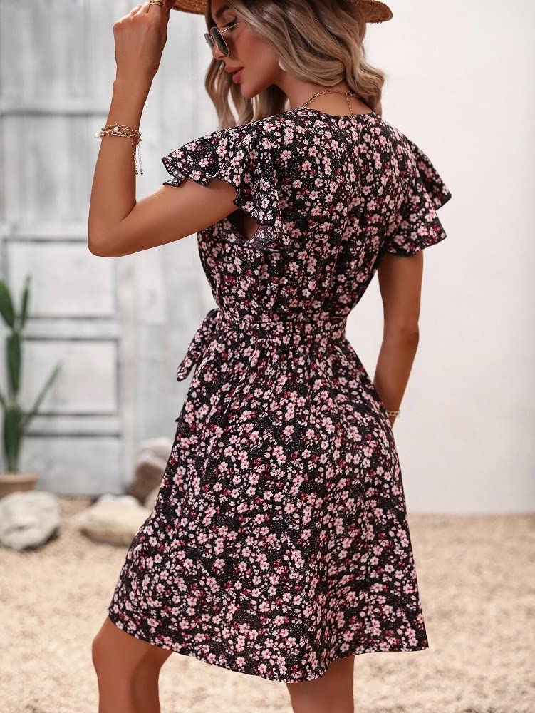 Om Sai Latest Creation Western Dress || Rayon Ditsy Floral Printed Dress For Women || Flounce Cap Sleeve & V-Neck Shirred Ruffle