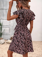 Om Sai Latest Creation Western Dress || Rayon Ditsy Floral Printed Dress For Women || Flounce Cap Sleeve & V-Neck Shirred Ruffle