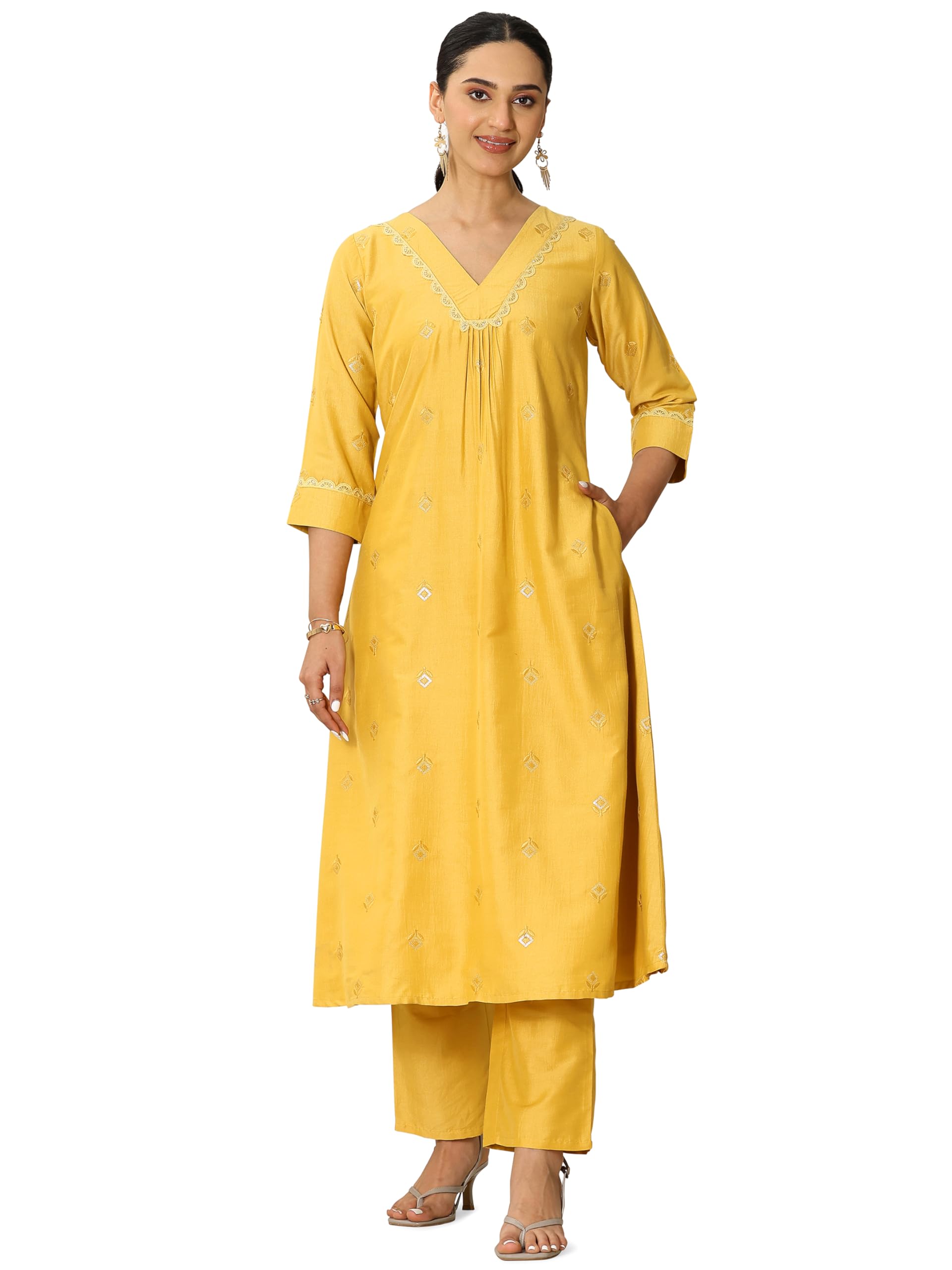 Libas Womens Embroidered Silk Blend A-Line Kurta With Trousers