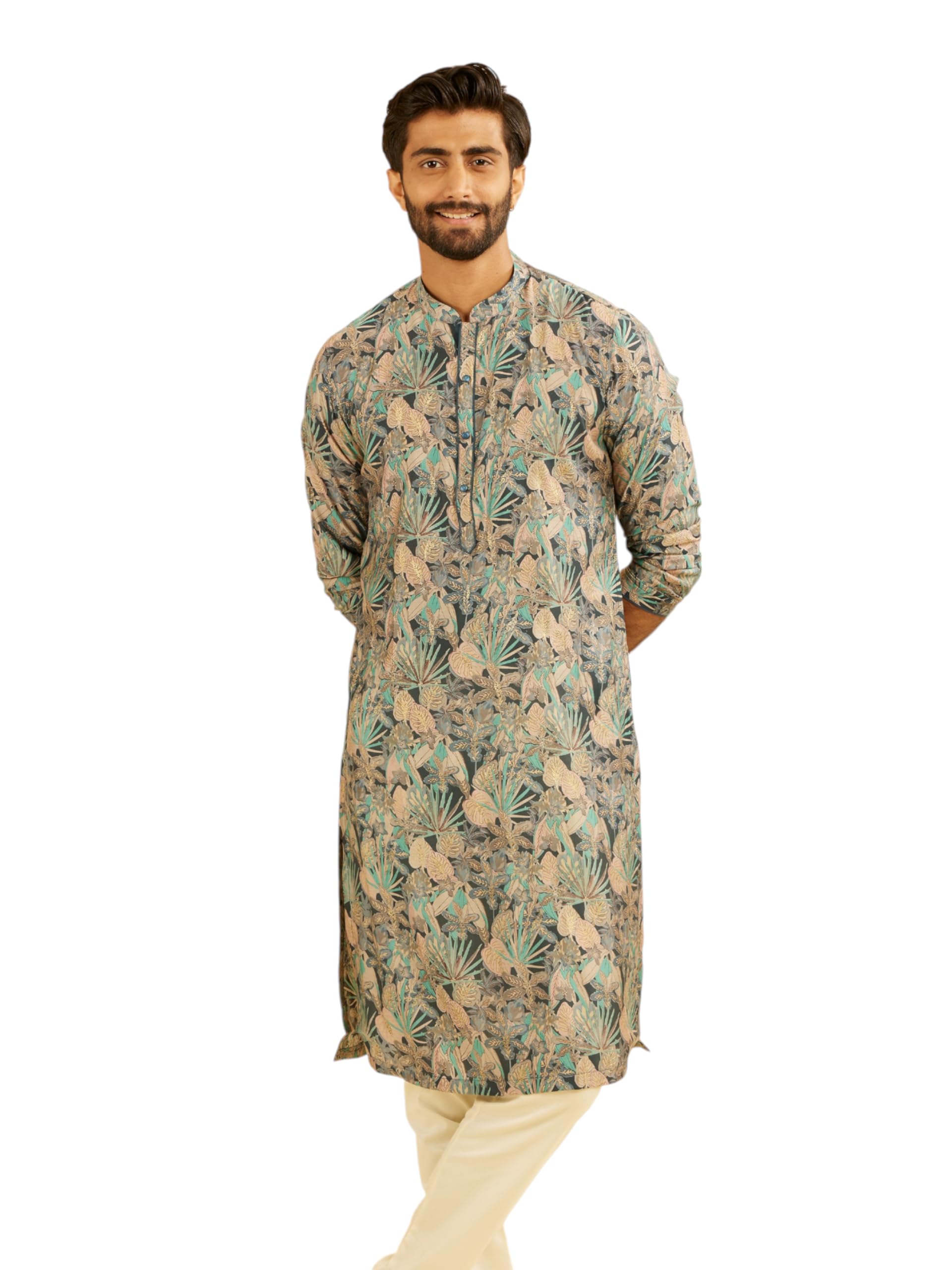 Manyavar Mens Viscose Blend Modern Floral Printed Long Kurta (Teal Blue,M)