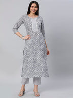 ANNI DESIGNER Womens Cotton Blend Printed Straight Kurta with Pant (Kavi-Grey-Nw_XL_Grey_X-Large)