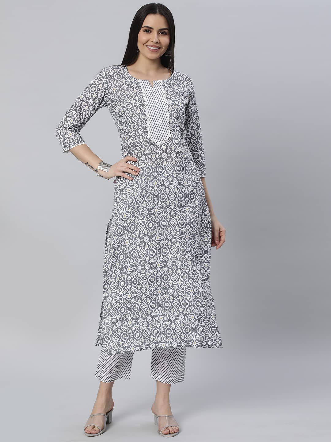 ANNI DESIGNER Womens Cotton Blend Printed Straight Kurta with Pant (Kavi-Grey-Nw_XL_Grey_X-Large)