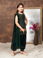 Aarika Girls Ethnic Wear D-Green Colour Sequin Embroidery Lace Work Georgette Kurti Patiala Set (10-15 Years)