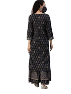Ishin Women'S Pure Cotton Straight Printed Gotta Patti Striped Print Black Kurta Suit Set With Palazzo