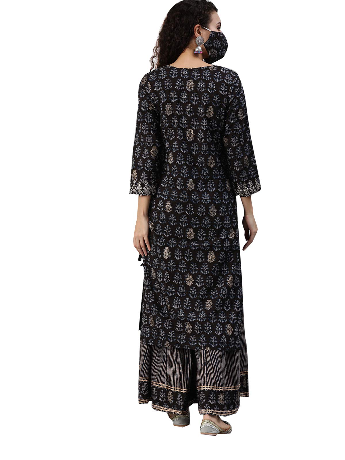 Ishin Women'S Pure Cotton Straight Printed Gotta Patti Striped Print Black Kurta Suit Set With Palazzo