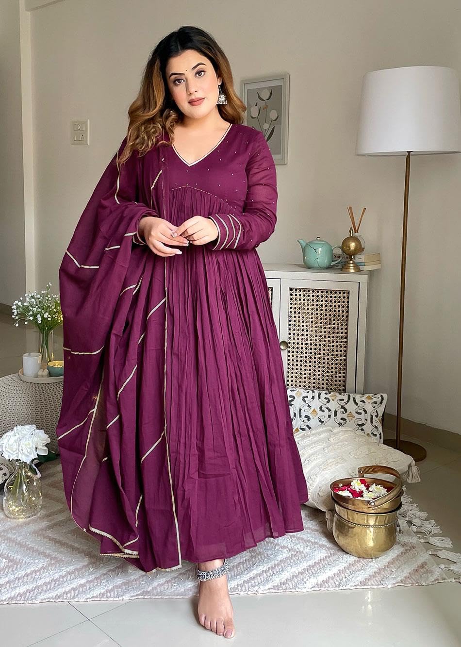 ANNI DESIGNER Womens Rayon Viscose Yoke Anarkali Kurta with Pant & Dupatta (Suruchi Wine_XXL_Wine_XX-Large)