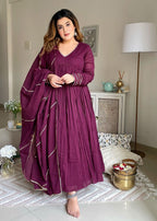 ANNI DESIGNER Womens Rayon Viscose Yoke Anarkali Kurta with Pant & Dupatta (Suruchi Wine_XXL_Wine_XX-Large)