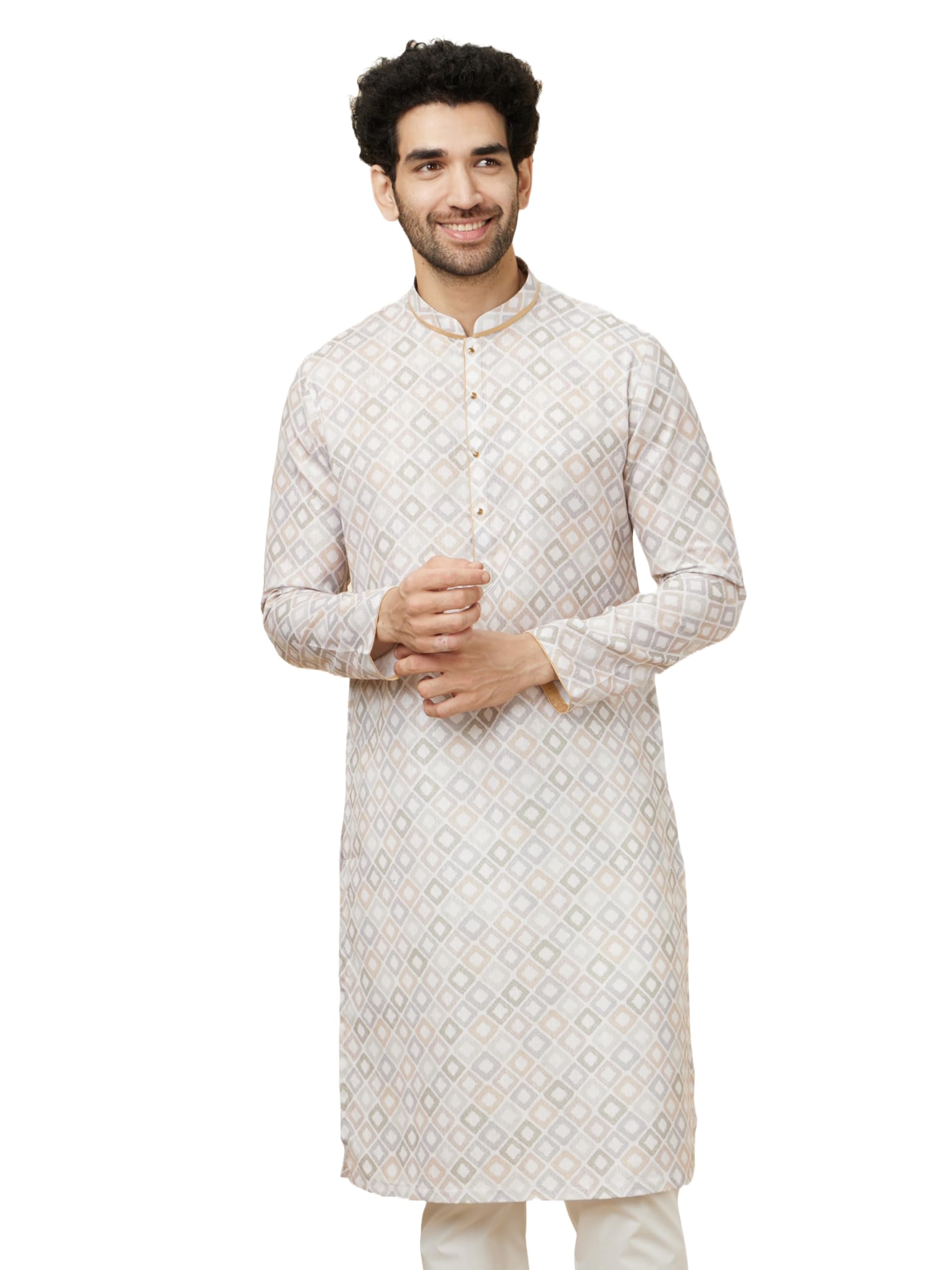Manyavar Mens Ivory Cream Geometric Patterned Kurta (XXL)