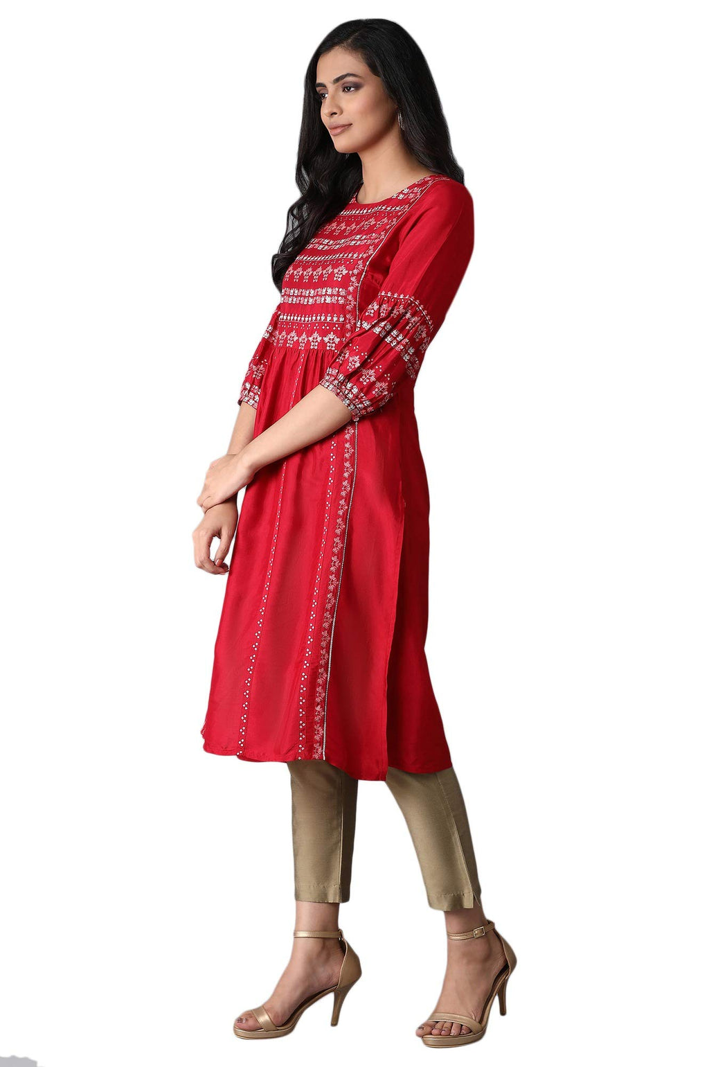 W For Women Maroon Shantung Kurta