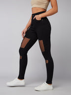 Dolce Crudo Womens Slim Fit High Rise Regular Length Mild Distressed Ripped Net Detailing Denim Stretchable Jeans (DOSS24DEN97-